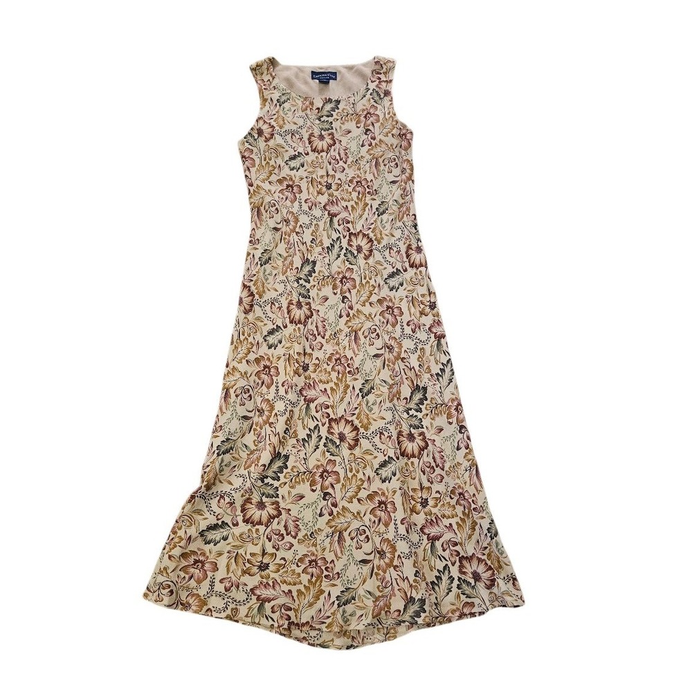 Charter Club Vintage Silk Sleeveless Maxi Dress 10 Petite Floral Tan Burgundy